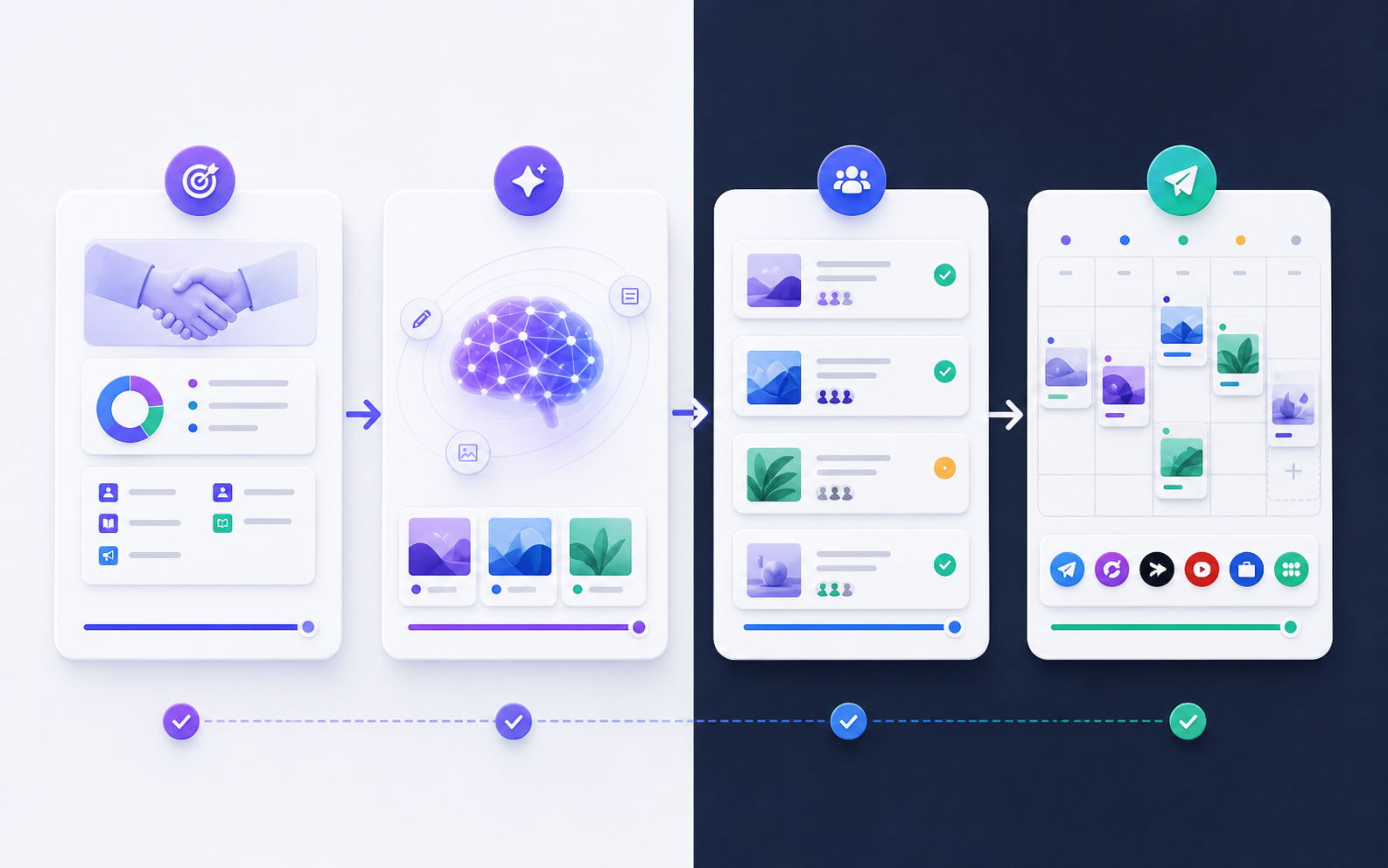 Интерфейс платформы с контент-пайплайном, календарем и AI-блоками
